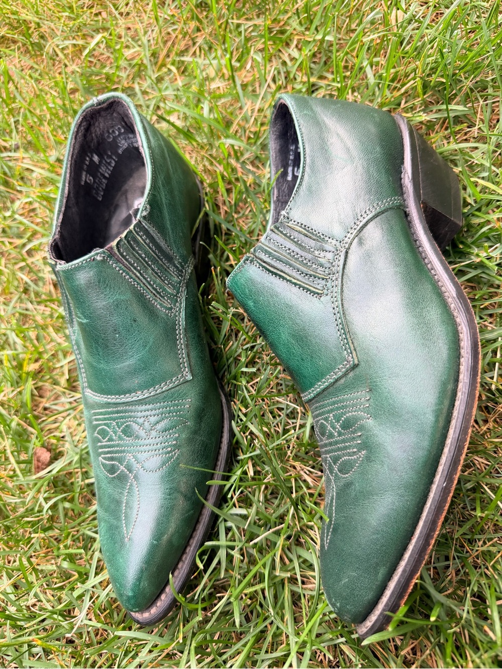 Vintage CODE WEST Western Cowboy Ranch Ankle Boots Point Toe Leather Green SZ 5M